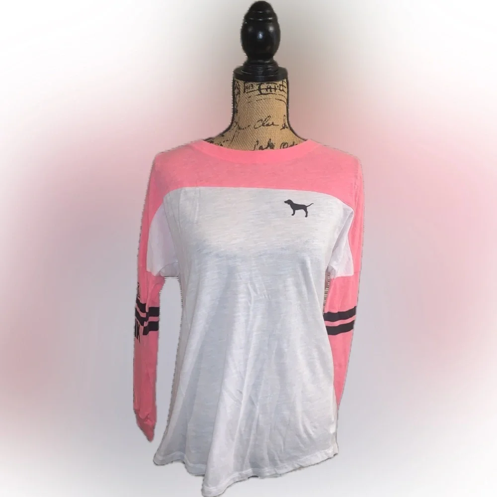 PINK Victoria's Secret Open Back Oversized Hot Neon PinkWhite Long Sleeve Tee XS - Picture 3 of 7